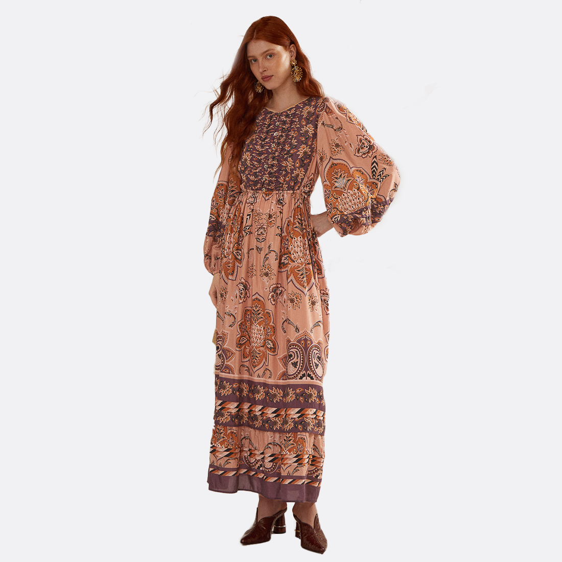 Glam Tapestry Burgundy Long Sleeve Maxi Dress