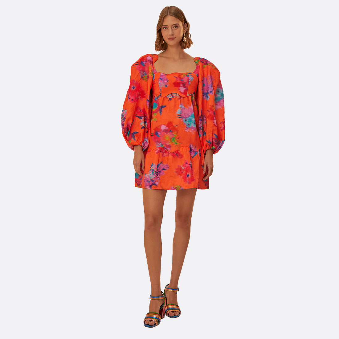 Orange Brocade Long Sleeve Mini Dress