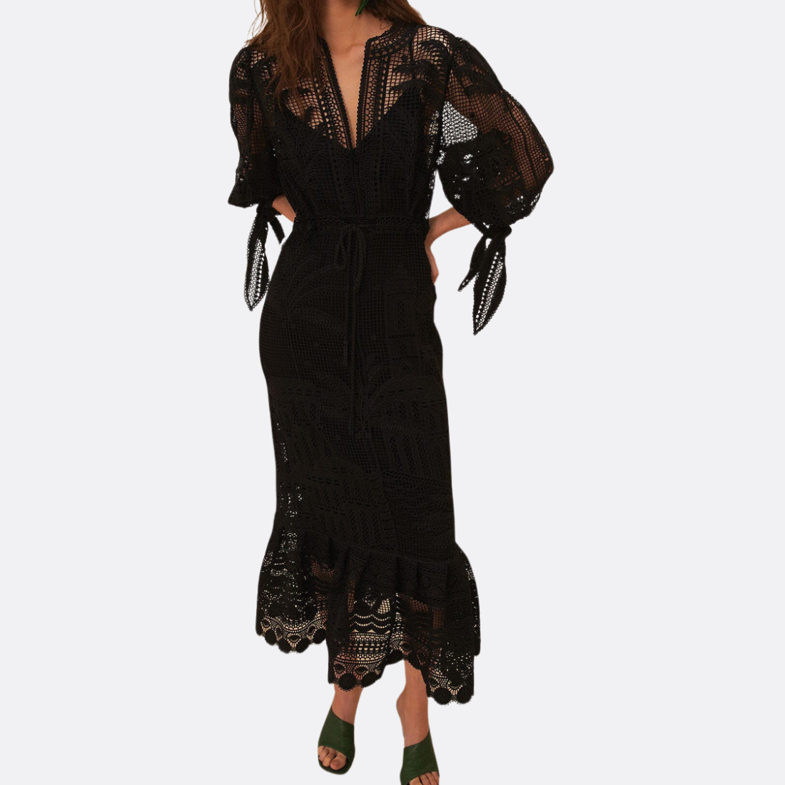black morada boa guipure maxi dress Guipire Size:L (Waist 77-102 cm) DO NOT BLEACH Key Delivery Lady Black Tie -