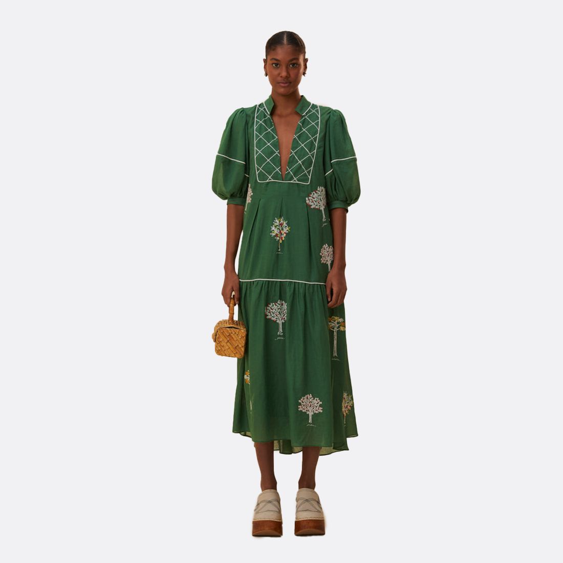 Embroidered Trees Short Sleeve Midi Dress