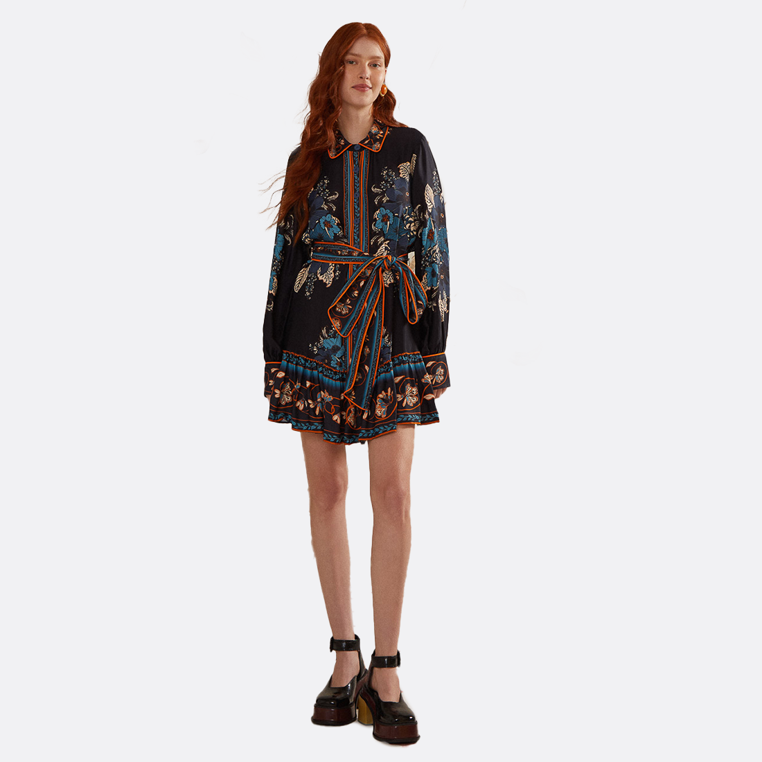 Blossom Tapestry Black Long Sleeve Mini Dress