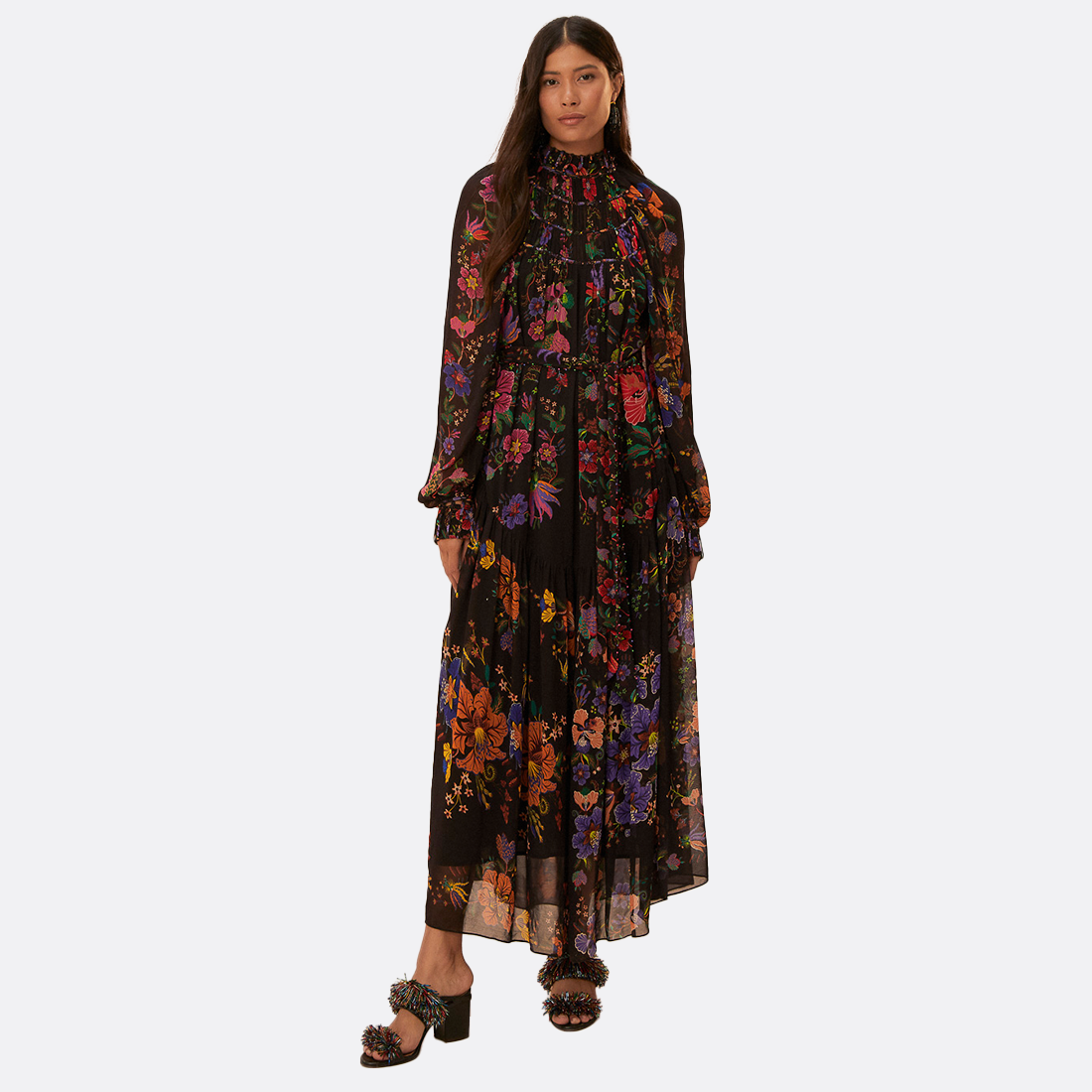 Floral Scarves Black High Neck Maxi Dress