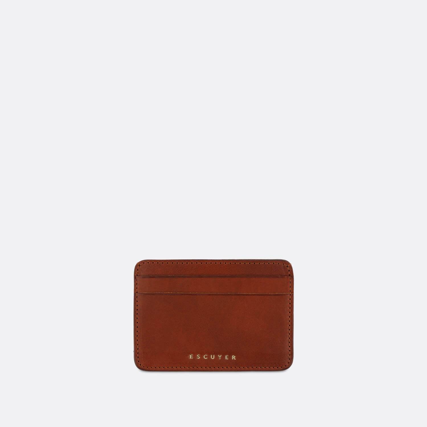 Sophisticated brown leather cardholder for cards and folded notes.