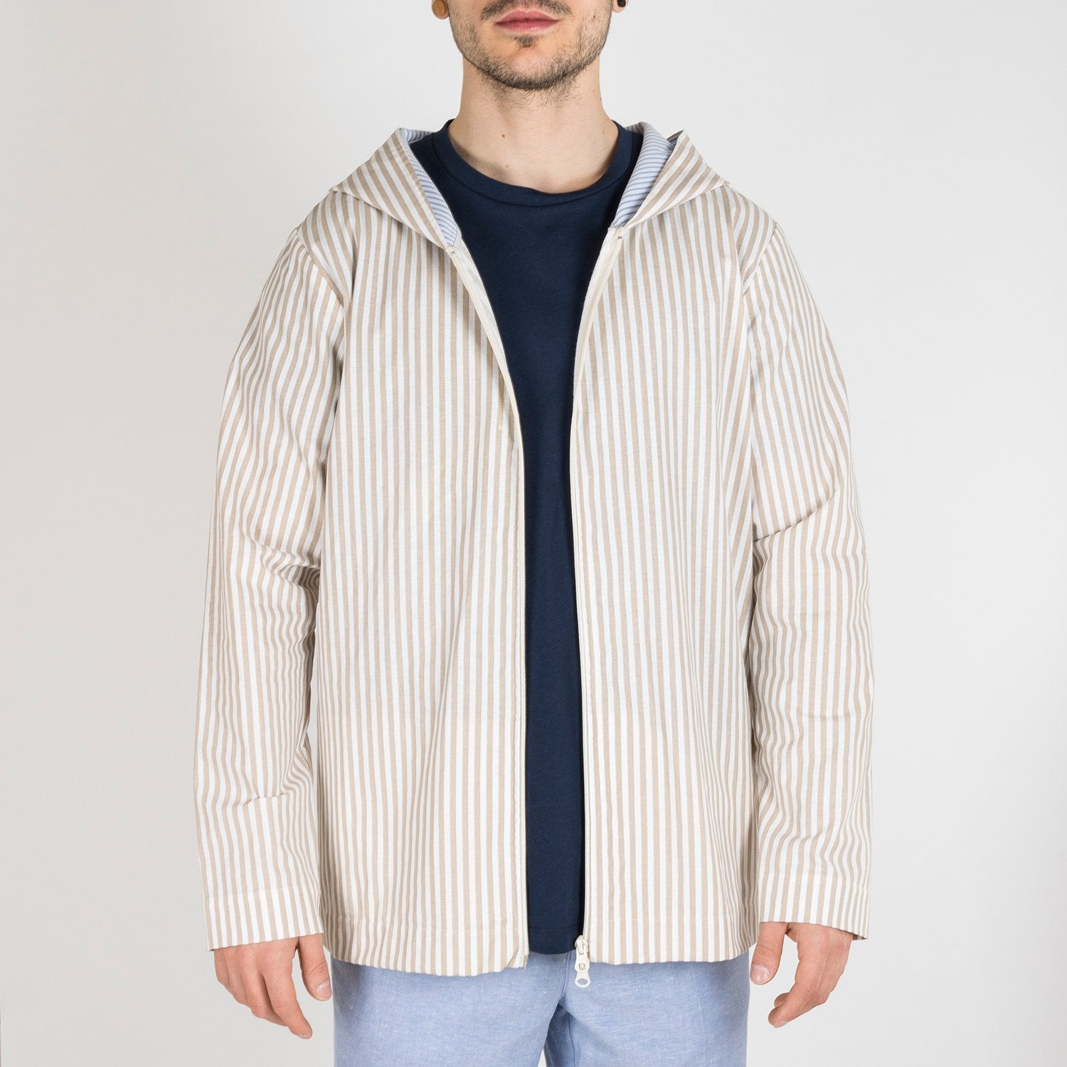 Light camel and white striped hoodie jacket.