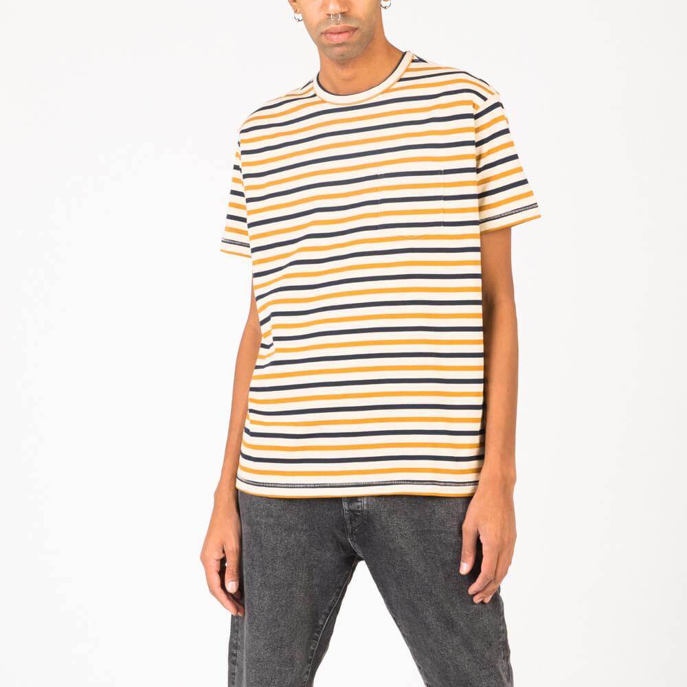 Navy blue and yellow striped tee in 100% cotton jersey.