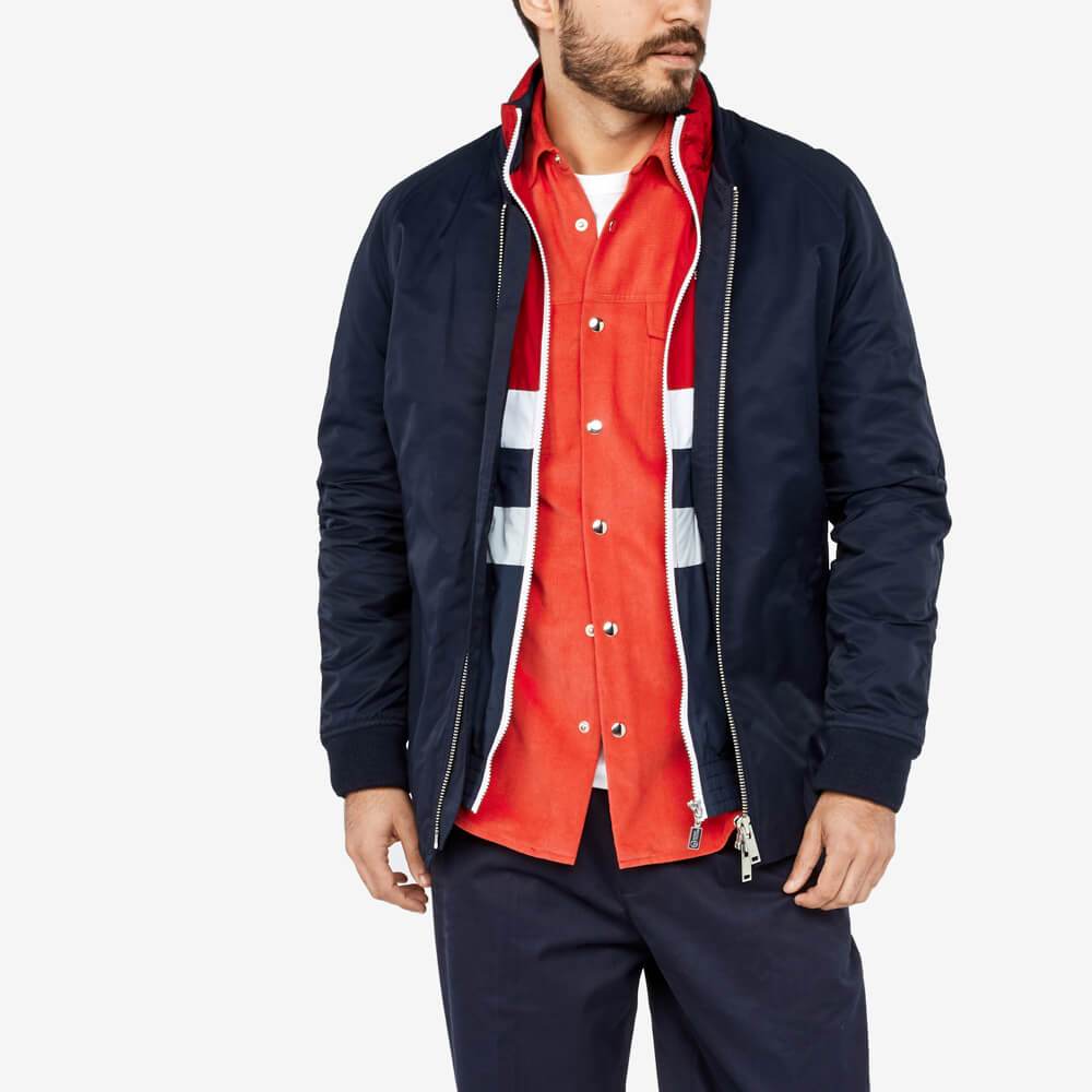 Inspired bomber style featuring ribbed collar and cuffs.