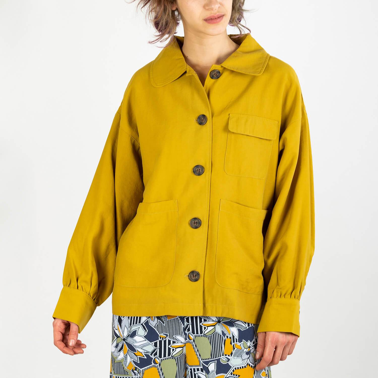 Mustard oversized fit jacket with large balloon sleeves and pleat detailing on the cuff. 