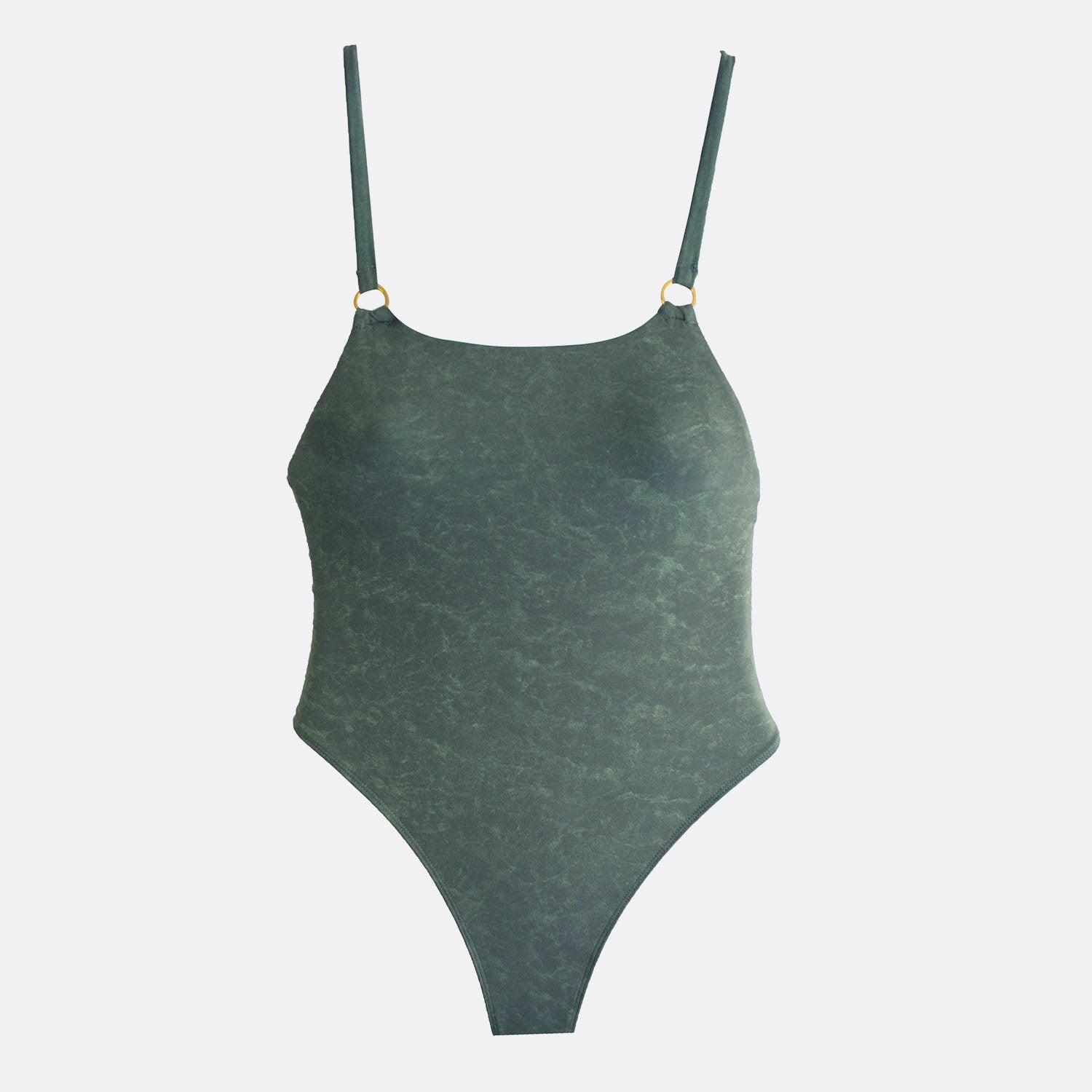 Aqua green swimsuit with adjustable straps and no rims nor cups.
