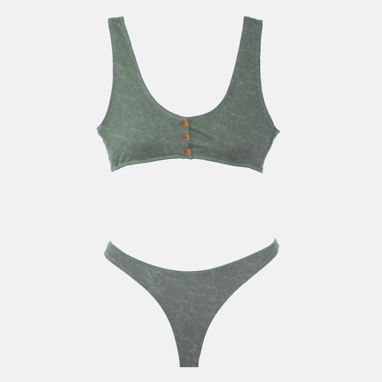 Aqua green bikini featuring a top with buttons at the front and a rubber band at the back. 