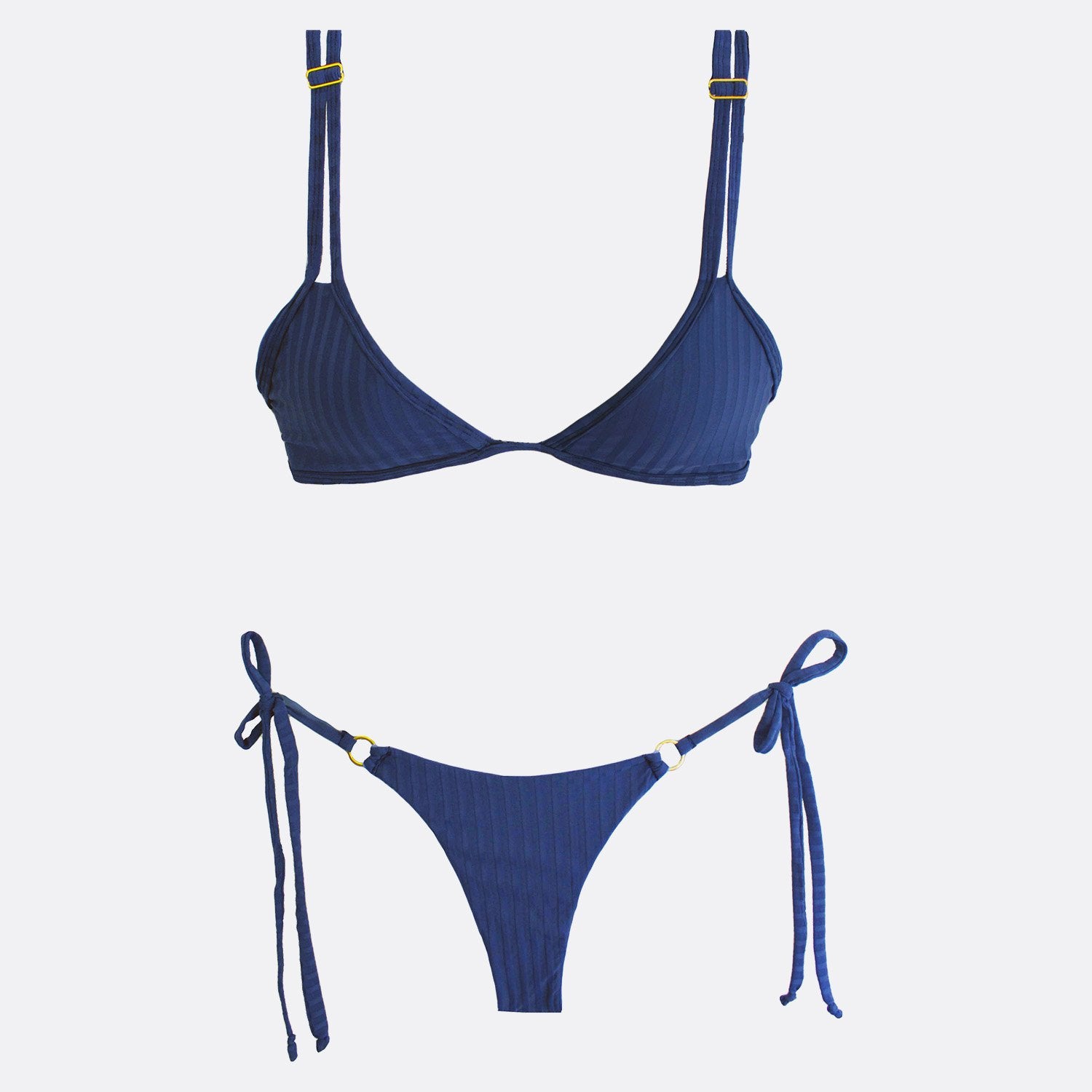 Ocean blue bikini featuring adjustable straps, removable cups and no rims. 