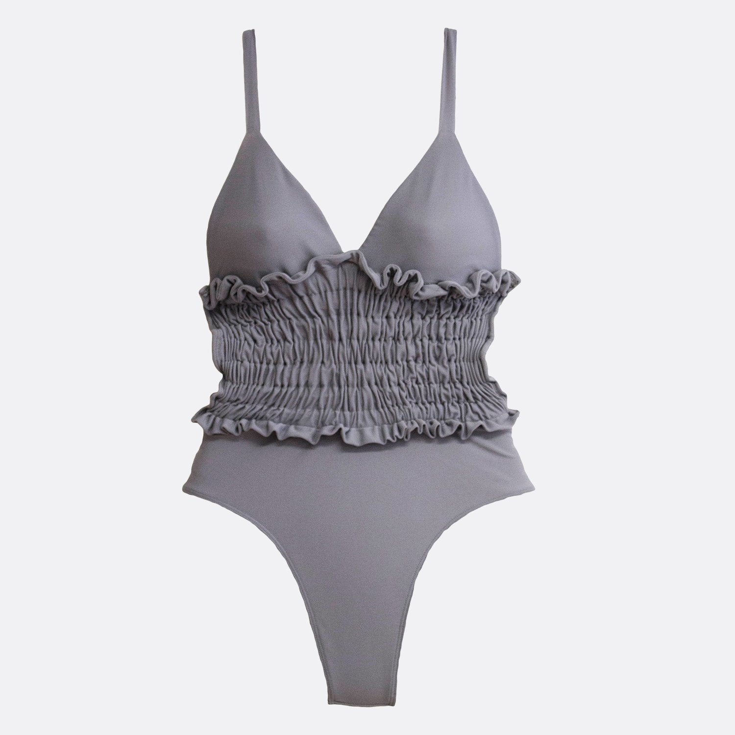 Grey swimsuit featuring lace fastening on the back.