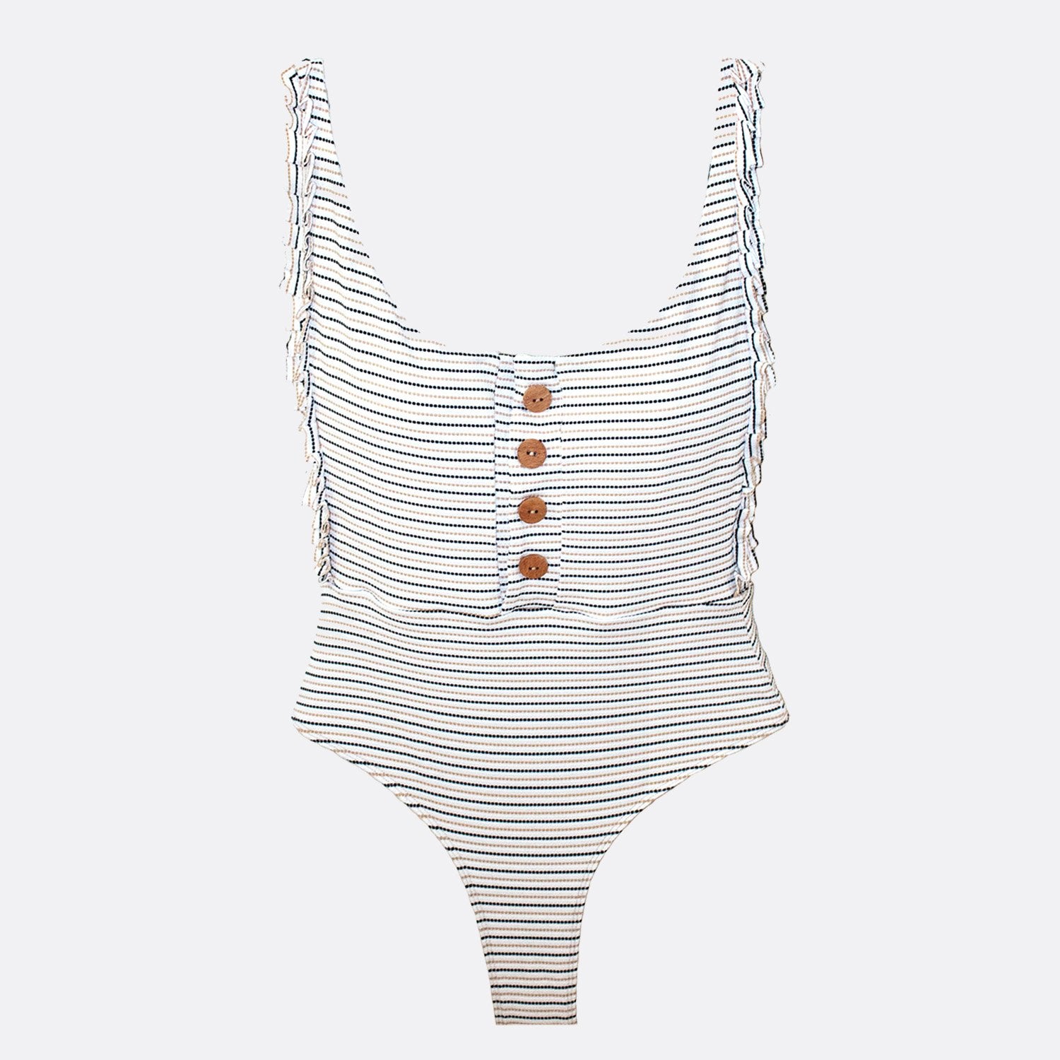 White swimsuit with buttons on the front and ruffles on the straps. 
