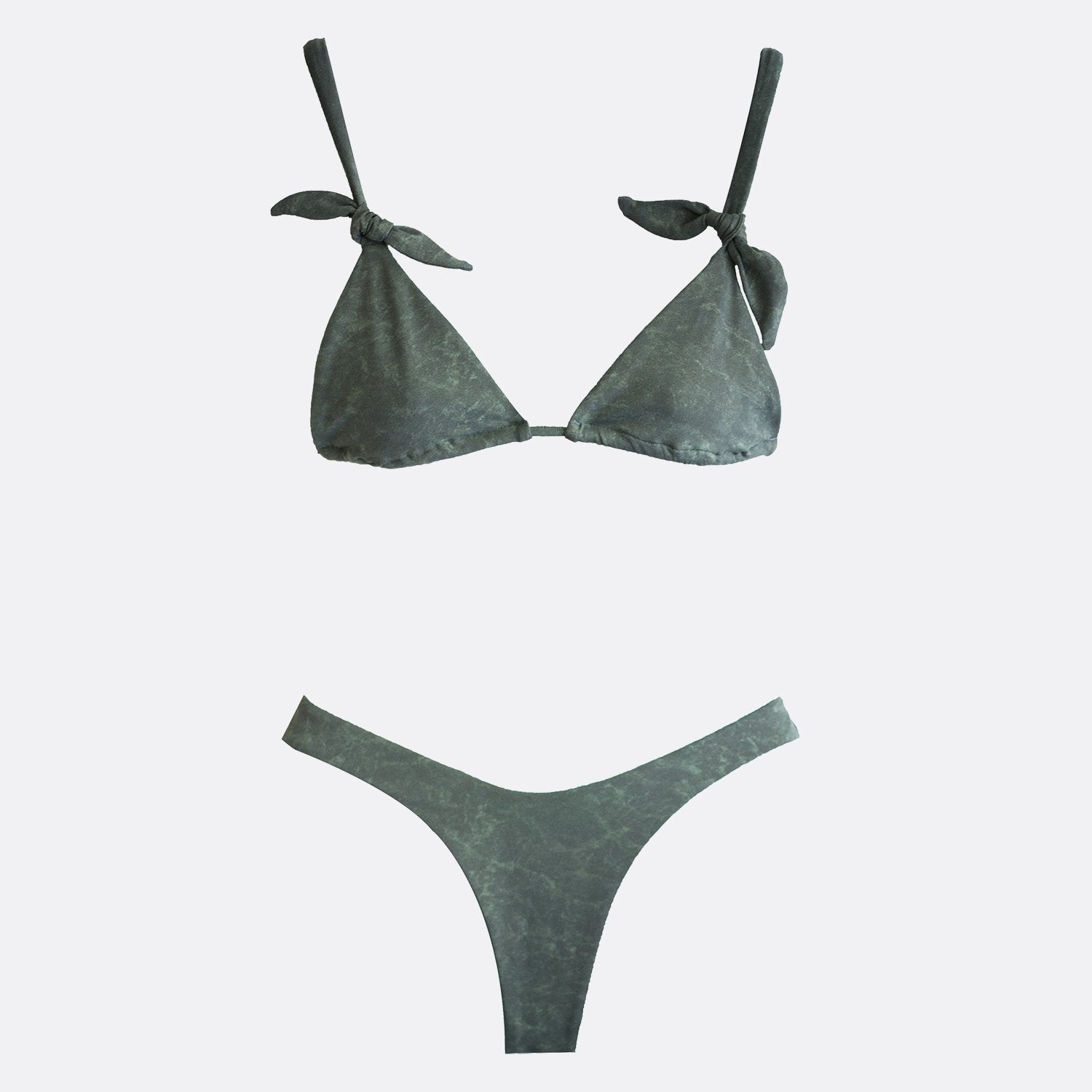 Aqua green bikini featuring a strap to tie on the back and removable cups.