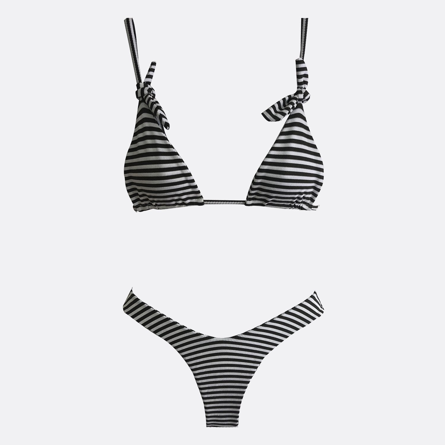 Black and white bikini featuring a strap to tie on the back and removable cups.