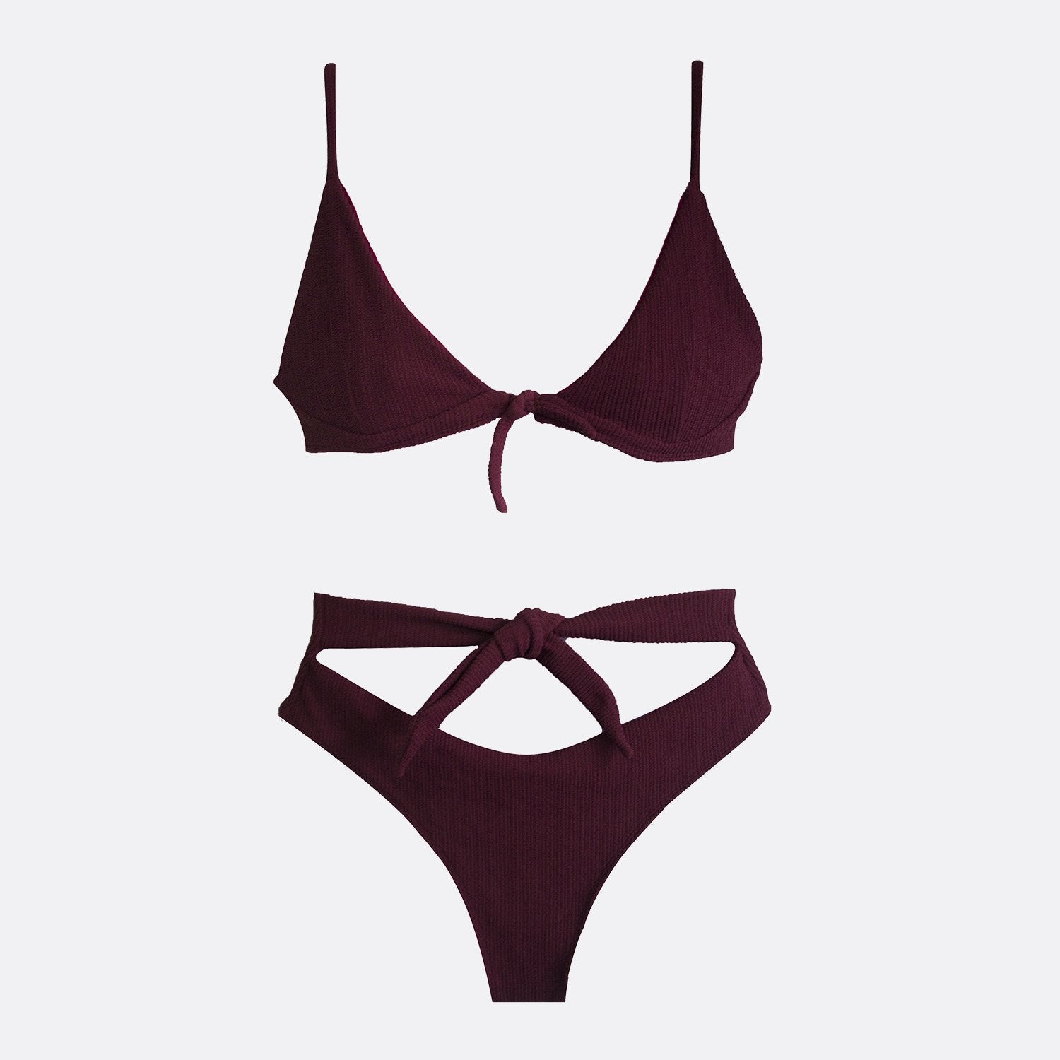 High waisted bordeaux bikini featuring removable cups.
